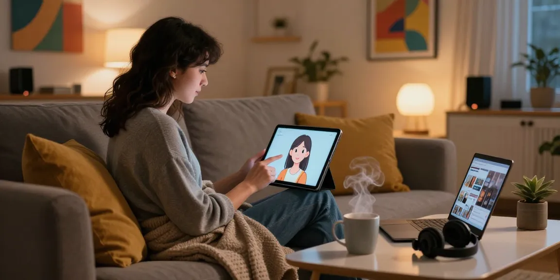 AI girlfriend interacting with user on tablet in cozy home setting.