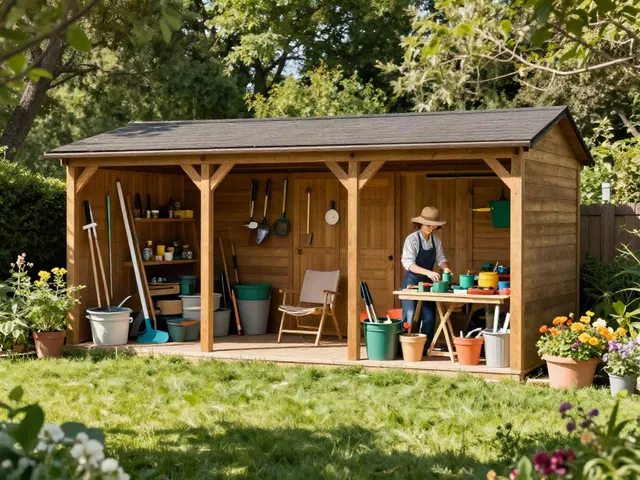 Bright garden storage solutions showcased with a wooden shed and organised tools.