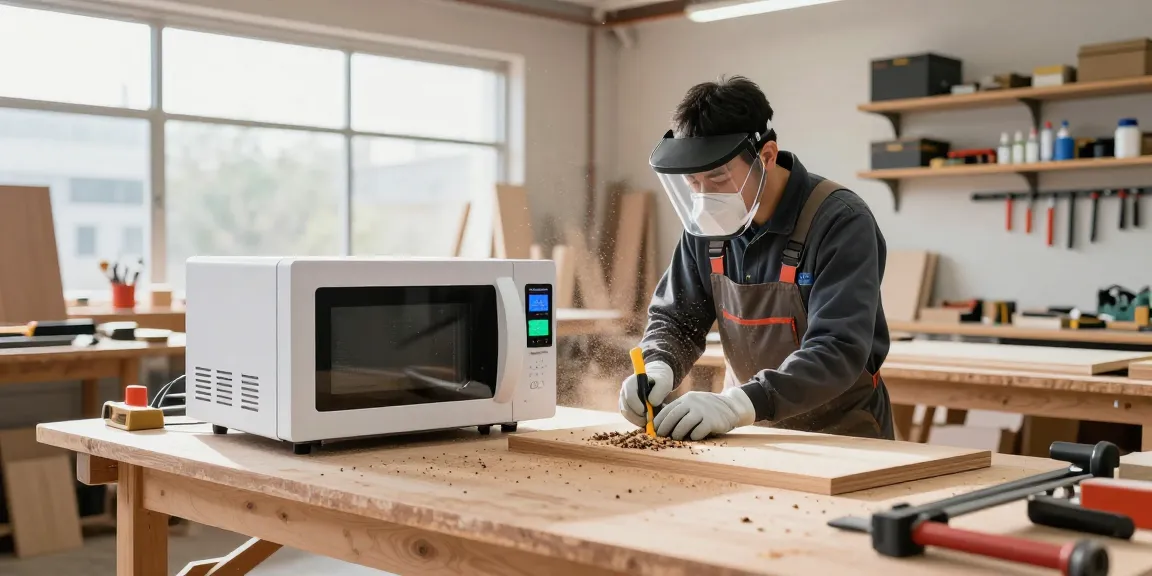 Shashel technician using microwave equipment for quick pest control in a bright woodworking workshop.