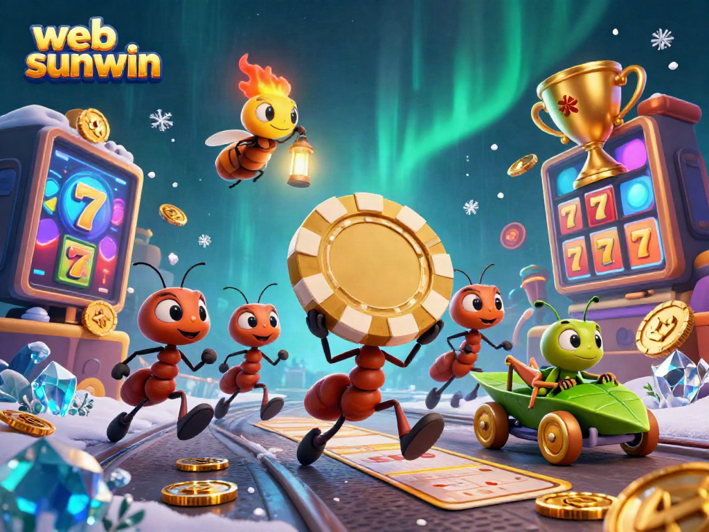 Engage with web sunwin's exciting casino games through a whimsical heist scene featuring animated ants and vibrant jackpots.