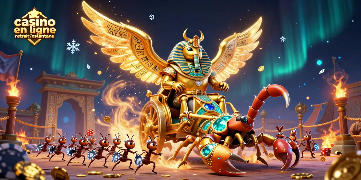 Une scène dynamique présentant un scarabée d'or géant avec des ailes illuminées, promouvant le casino en ligne retrait instantané.