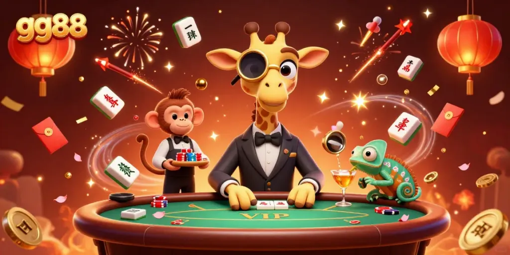 Engage in the vibrant atmosphere of gg88 with a high-roller giraffe, monkey valet, and chameleon bartender amid dynamic casino elements.