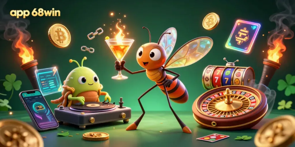 Engage with the app 68win through this lively 3D casino scene featuring unique characters and vibrant gaming elements.