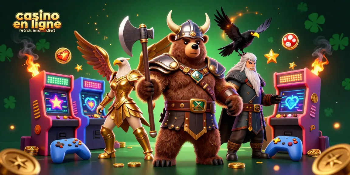 Jouez dans un casino en ligne retrait immédiat avec cette scène dynamique de Viking, aigle et éléments de jeu.