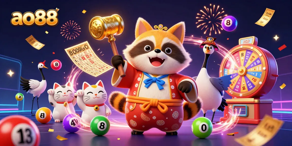 Celebrate with ao88's vibrant lottery scene featuring lively tanuki and fortune cats.