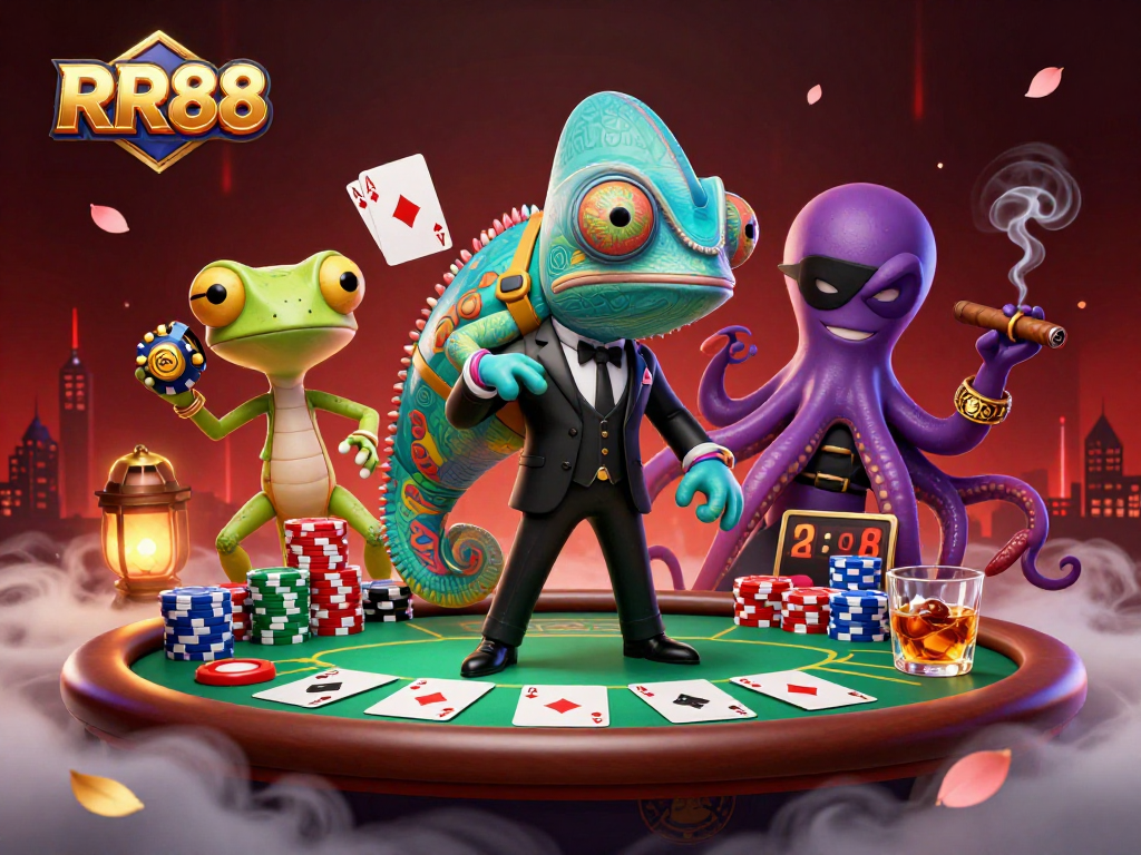 Join the excitement at RR88 with a vibrant casino scene featuring colorful poker elements and engaging characters.