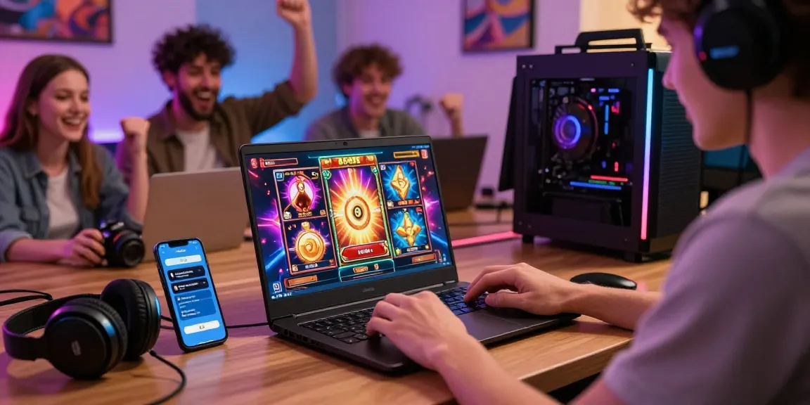 Exciting gaming scene with a player enjoying wd138 slot games on a laptop, friends cheering nearby.
