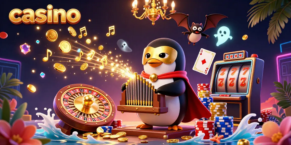 Engage with thrilling casino gaming as a penguin plays an organ amidst golden coins and neon effects.