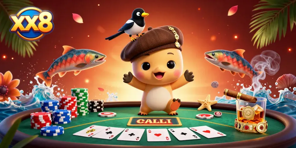 Experience gaming at xx8 with a colorful 3D scene of playful characters engaging at a vibrant poker table.