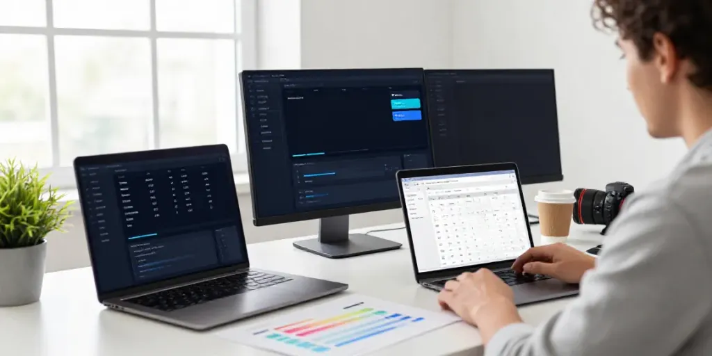 Dynamic SEO workspace with a focus on instant indexing tools, complete with multiple screens, content calendar, and analytics.