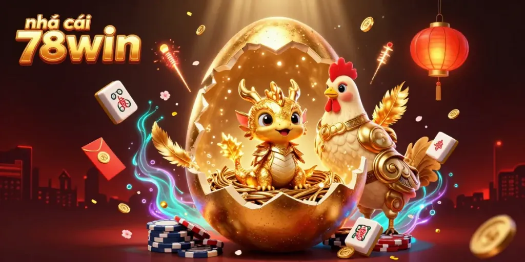 Engaging gambling scene with crystal gold dragon, poker chips, and festive elements capturing nhà cái 78win's atmosphere.