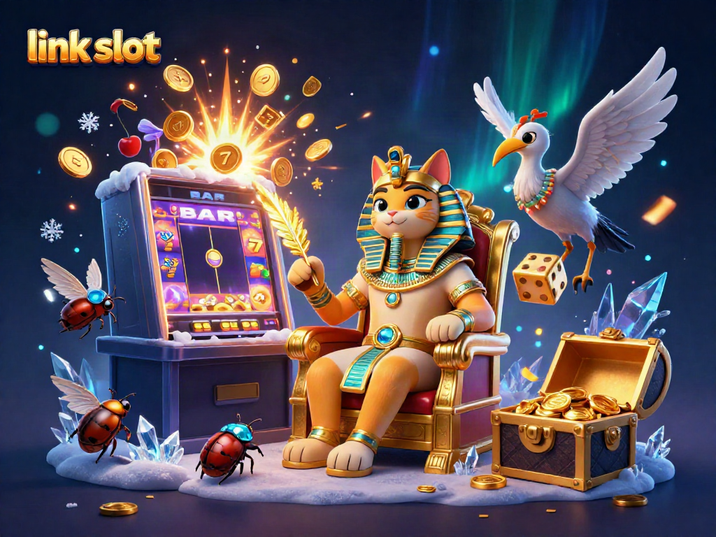 Experience the thrill of link slot games with an exciting 3D casino illustration featuring a pharaoh cat and jackpot symbols.