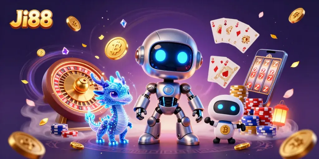 Experience Ji88's vibrant gaming world with dynamic characters and sparkling casino elements.
