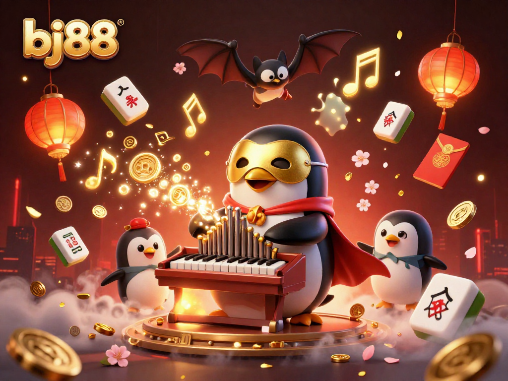 BJ88 offers a vibrant casino illustration featuring a penguin playing an organ emitting golden coins amidst floating game elements.