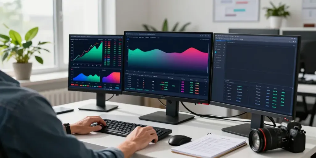 Trader analyzing market data on TradingView charts in a modern office.