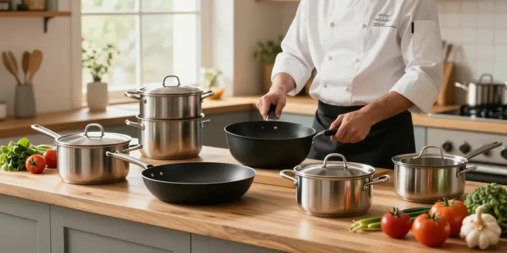 CookWare Price in Bangladesh showcased with various cooking utensils and a chef in a sunlit kitchen.