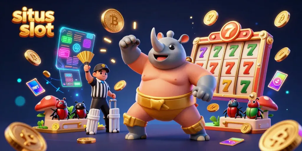 Experience excitement and thrills at situs slot with a vibrant scene featuring a beetle sumo champion amidst cascading coins and colorful slot elements.