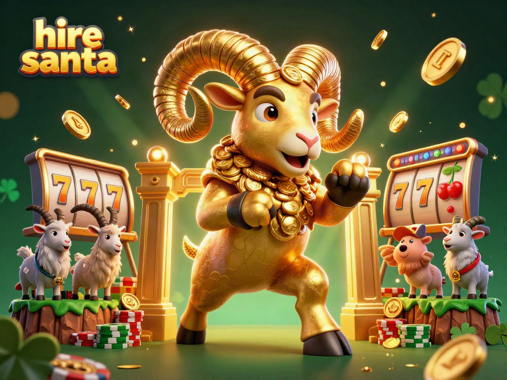 Hire Santa with a golden ram in a casino, surrounded by vibrant gaming elements.