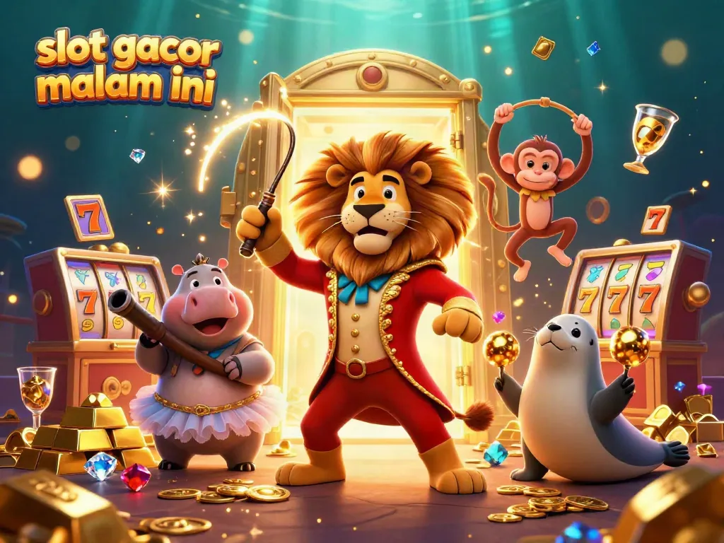 Permainan slot gacor malam ini dipromosikan dengan karakter kartun dalam ilustrasi 3D yang penuh warna dan detail.