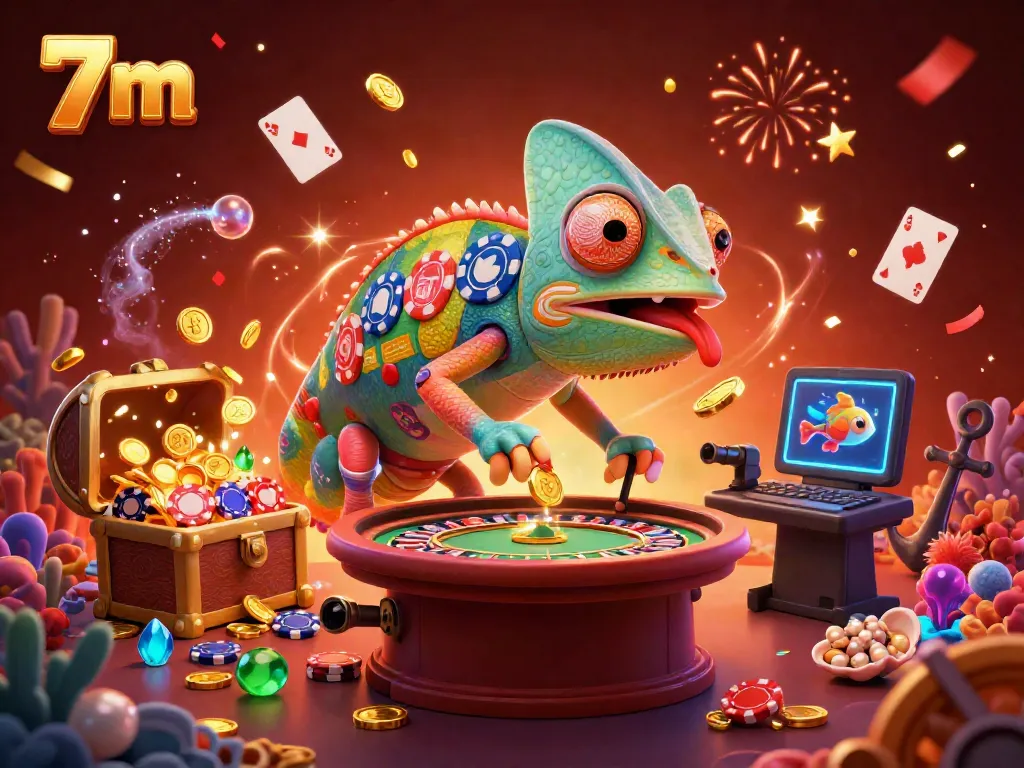 Experience the vibrant world of 7 m with a chameleon casino owner amidst gold coins and gaming treasures.