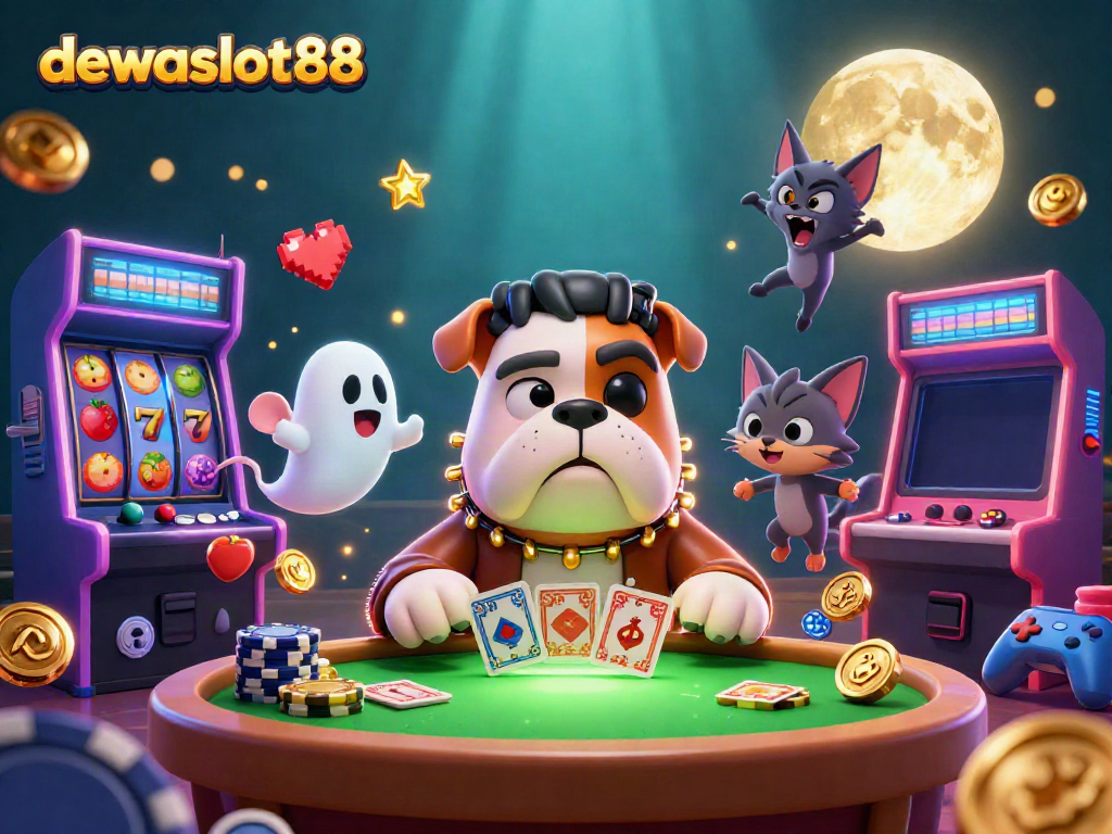dewaslot88 menampilkan Frankenstein bulldog monster dan kucing werewolf di meja bermain slot yang seru