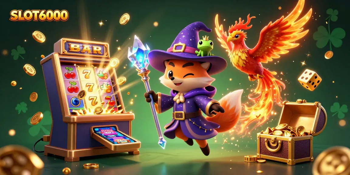 Engage in exciting gameplay at SLOT6000 with a thrilling illustration of dynamic characters and vibrant casino elements.