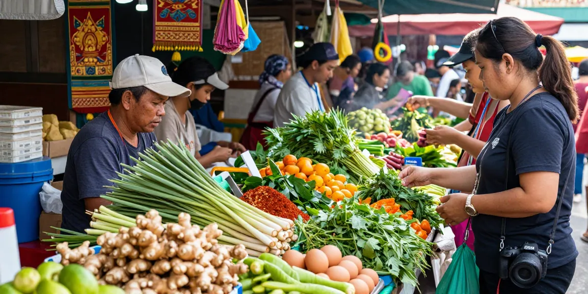 Fresh herbs and eggs in a bustling Thai market emphasizing สล็อตเว็บตรง food culture and vibrant ingredients.