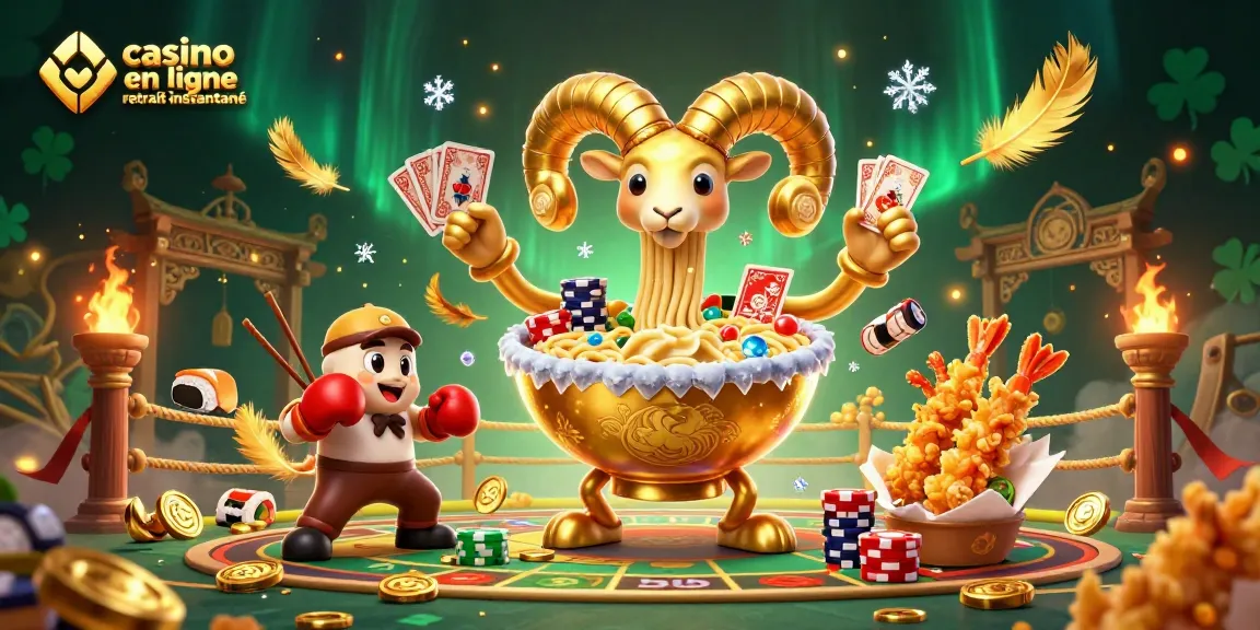 Illustration créative de casino en ligne retrait instantané avec un bol de ramen géant et ses acolytes.