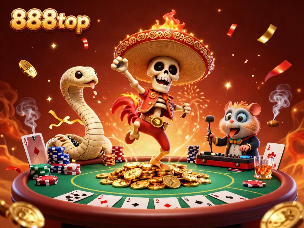 Celebrate winning moments at 888top with a festive casino scene featuring lively characters and poker elements.