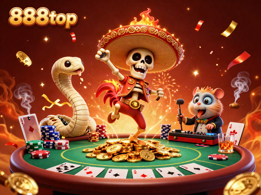 Celebrate winning moments at 888top with a festive casino scene featuring lively characters and poker elements.