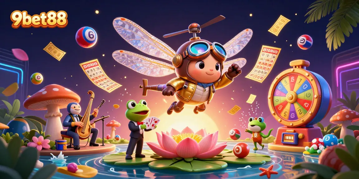 Engage in the thrilling world of 9bet88 at a colorful lily pad casino with vibrant game elements.