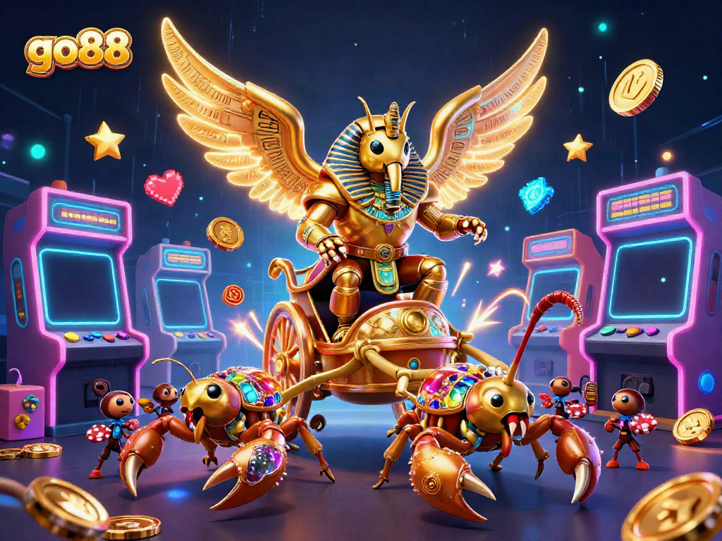 Experience exciting gaming at go88 with neon-lit casino machines, vivid characters, and vibrant colors.