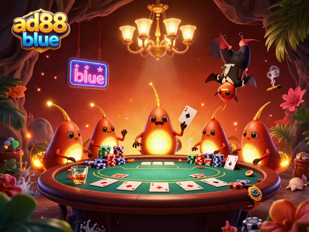 Experience excitement at the ad88 blue casino with poker games and vibrant glowworm characters lighting the scene.