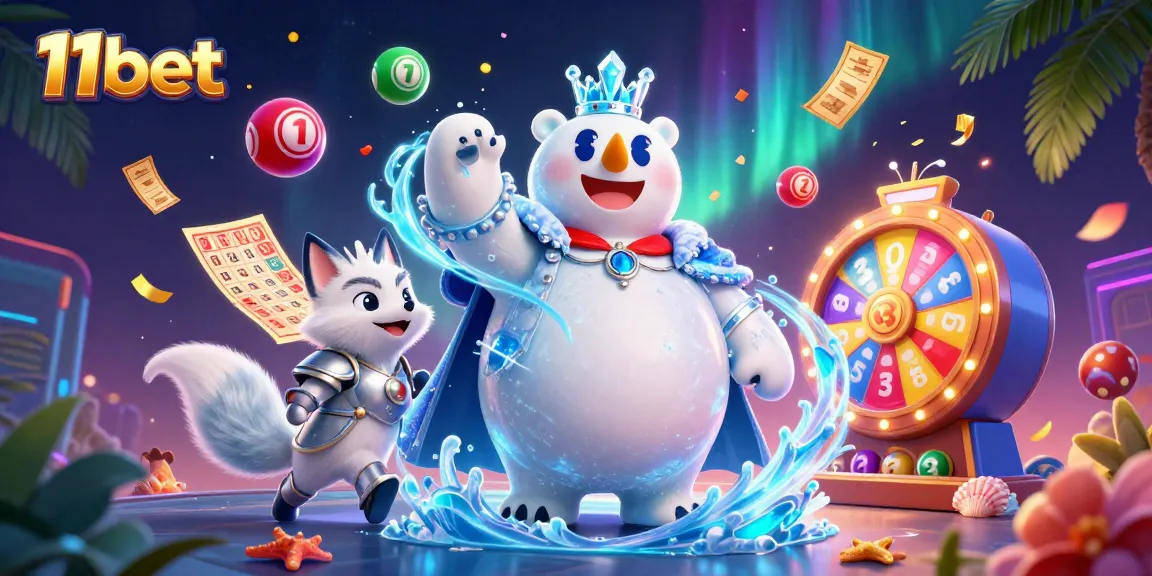 11bet showcases a vibrant 3D scene with lottery elements and characters celebrating a winning atmosphere.