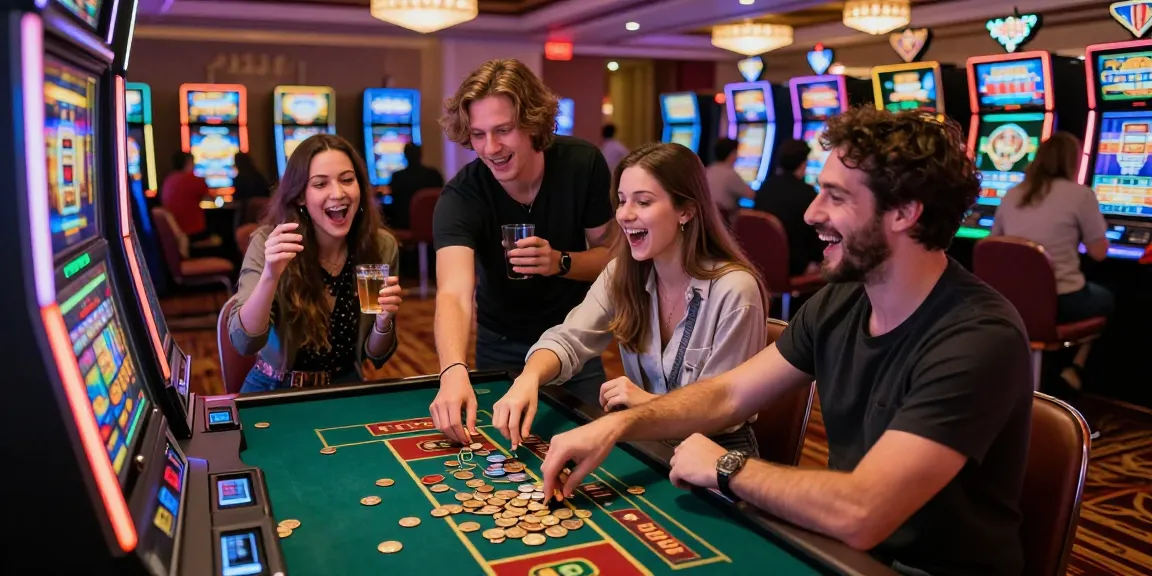 situs slot77 gaming excitement at a vibrant casino scene with friends enjoying slot machines