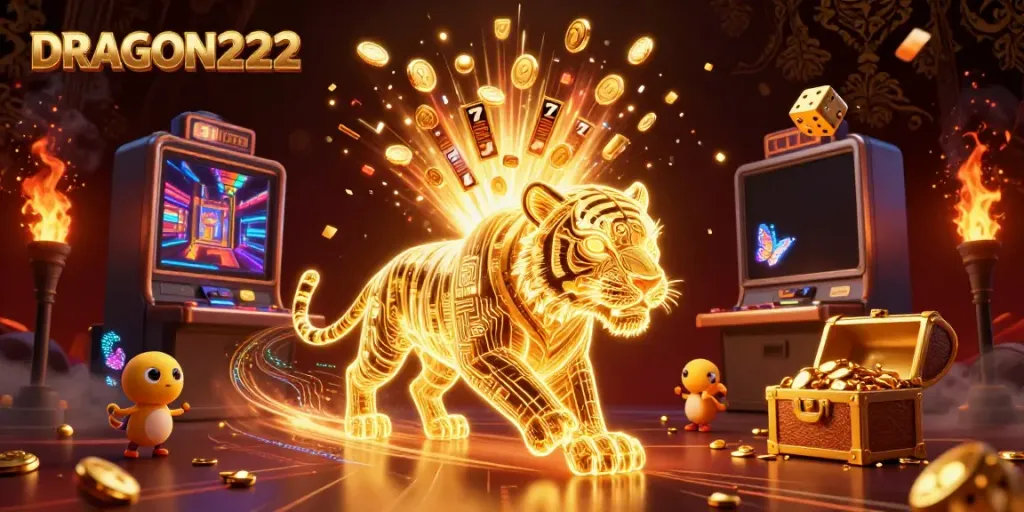 Experience DRAGON222 with a golden tiger in a vibrant digital casino bursting with winning jackpots.