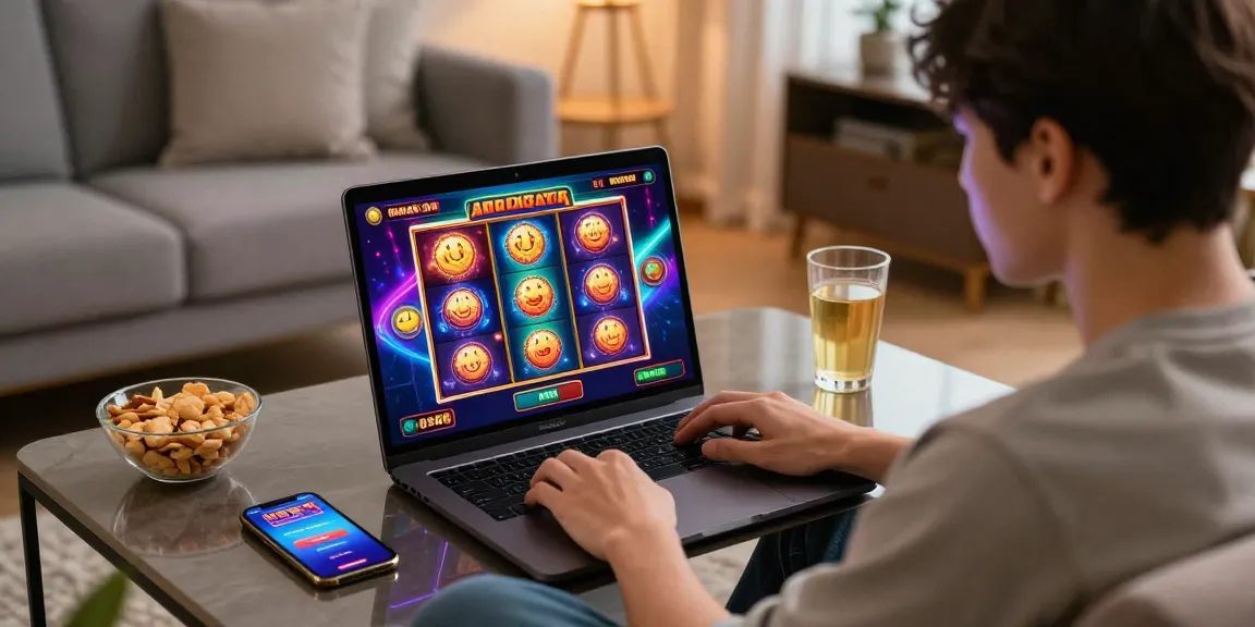 Engaged user playing rokok88 slot login on a vibrant slot machine interface at home, creating an exciting online gaming atmosphere.