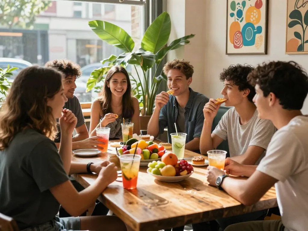 Group enjoying snacks at a cafe, vibrant atmosphere, rokok 88 connection.