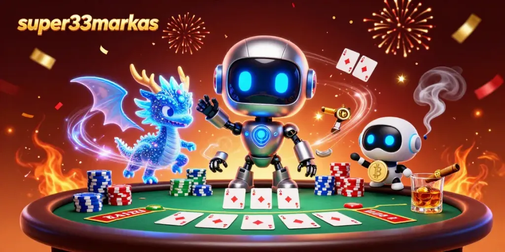 Experience super33markas poker excitement with a lively 3D casino illustration featuring a robot and dragon.