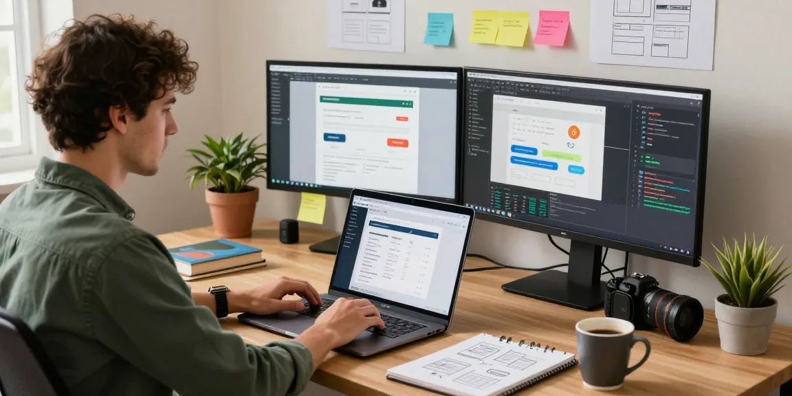 Free Elementor Pro by Hostneverdie showcased in a modern home office with a developer at work, highlighting creative atmosphere.