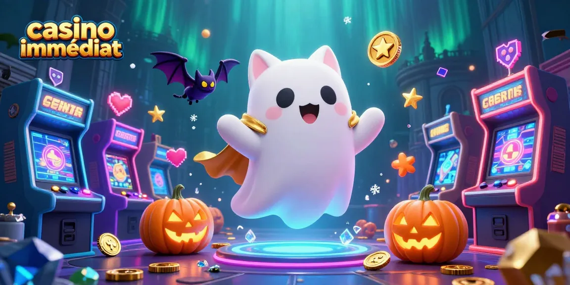 Découvrez l'univers captivant du casino retrait immédiat, avec un chat fantôme animé et un vampire batteur illuminant une scène de jeu riche et colorée.