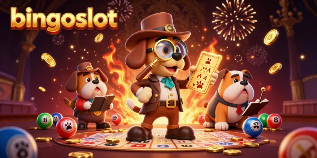 Menggoda pemain dengan tantangan bingo, bingoslot menampilkan detektif dan bulldog dalam ilustrasi yang menarik.