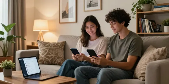 Couple engaged in ai sex chat on smartphones in cozy living room.
