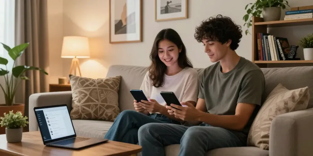 Couple engaged in ai sex chat on smartphones in cozy living room.