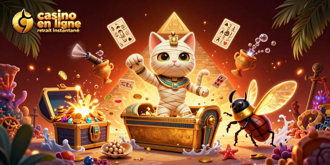Casino en ligne retrait instantané avec un chat momie égyptienne et des jeux de cartes flottants.