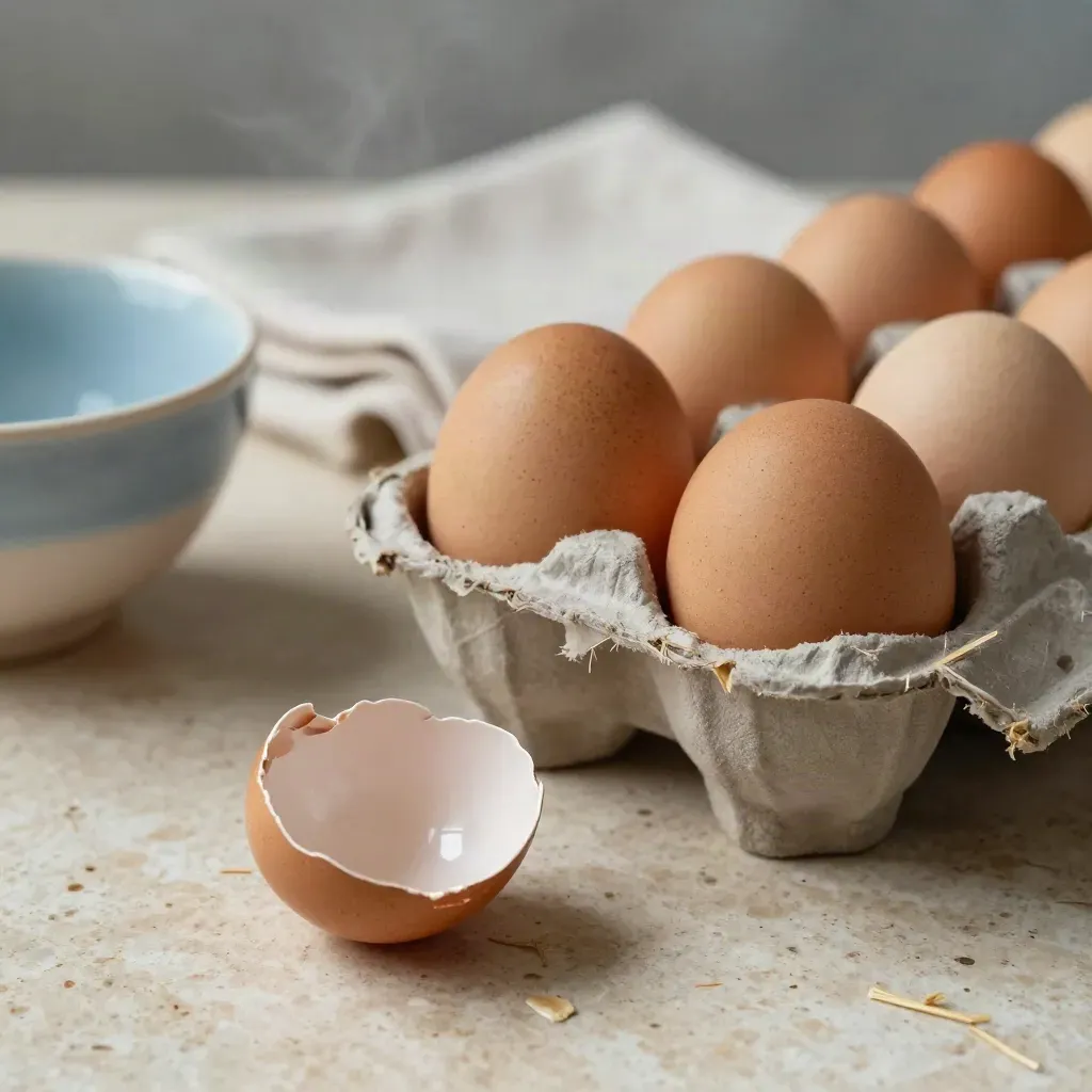 Partly open egg cartons in a straw crate beside a bowl and tea towel, softly lit in barn shade.
