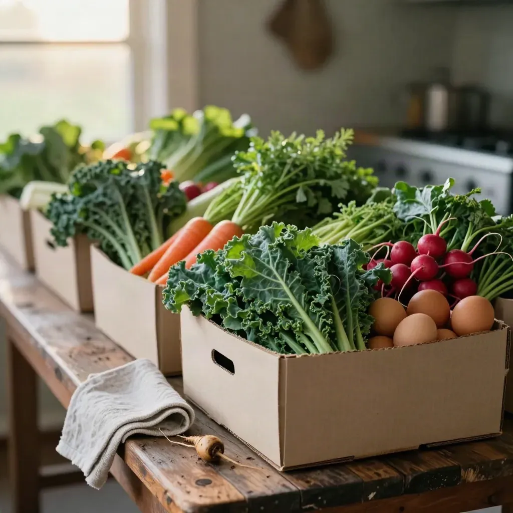 CSA produce boxes packed with greens, roots, herbs, and eggs beside a farmhouse packing table.