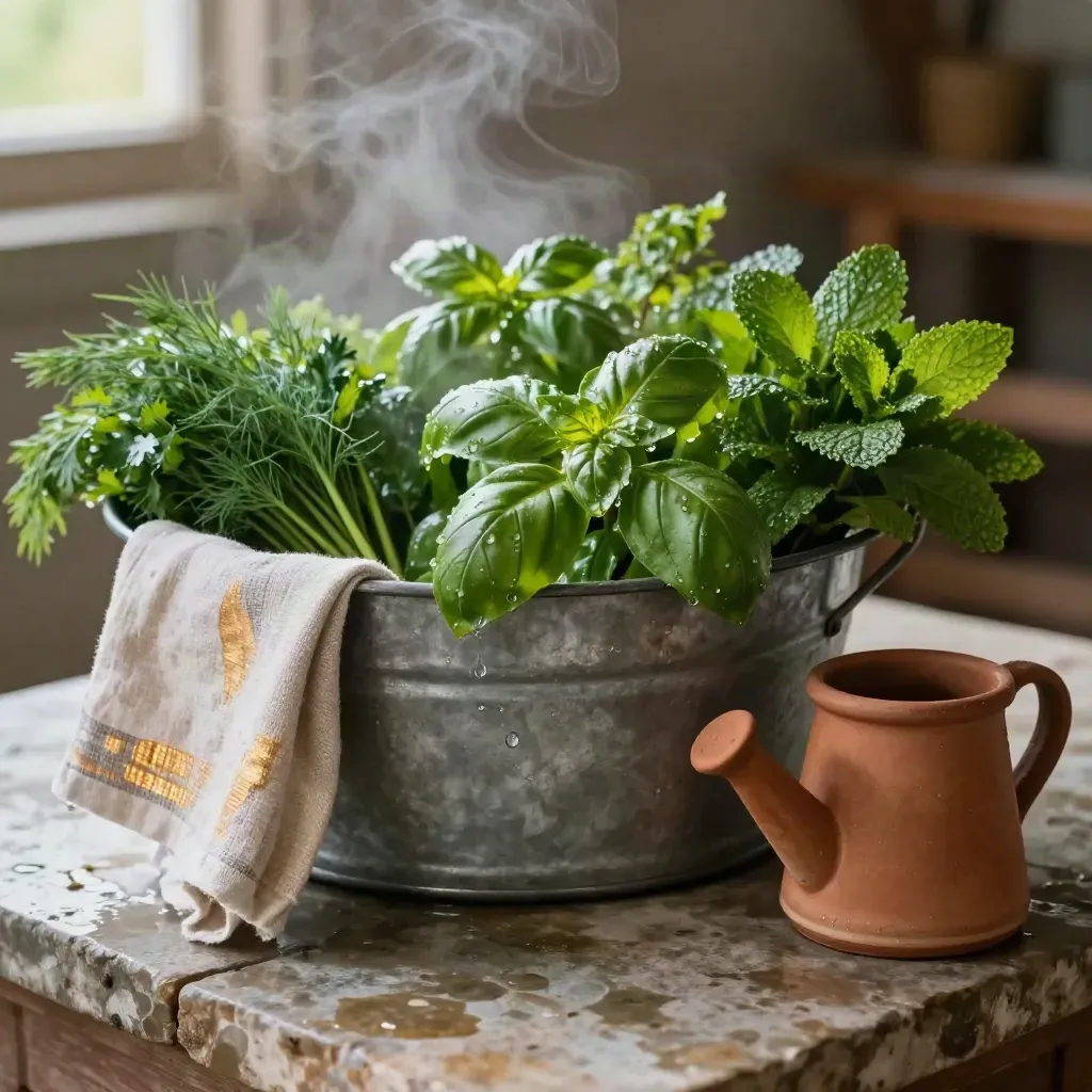 Fresh herbs in a galvanized tub with towel and clay watering can on a farm wash station.