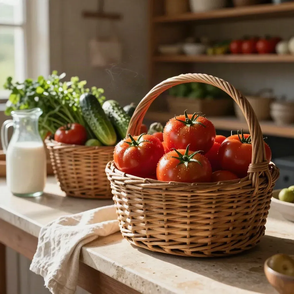 Woven farm stand baskets of tomatoes, cucumbers, and herbs on a pale stone counter with a milk-glass jug.