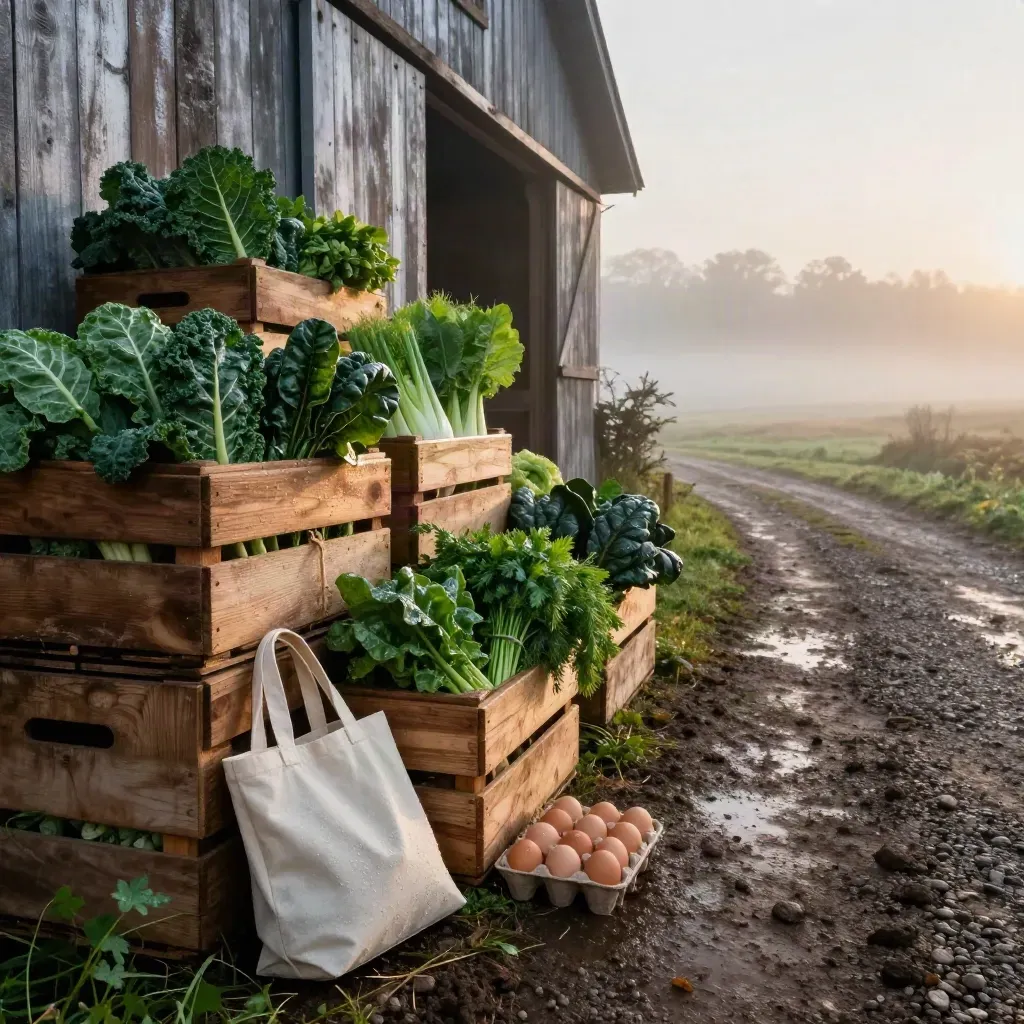 Dewy CSA crates, herb bundles, eggs and cream tote in misty barn lane at dawn